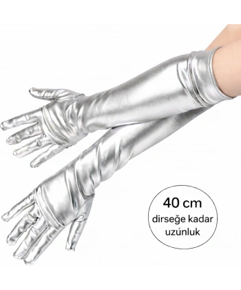 Gümüş Renk Dirsek Altı Lüks Saten Eldiven 40 Cm