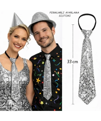 Gümüş Renk Pul Payetli Işıltılı Parti Kravatı 33 Cm