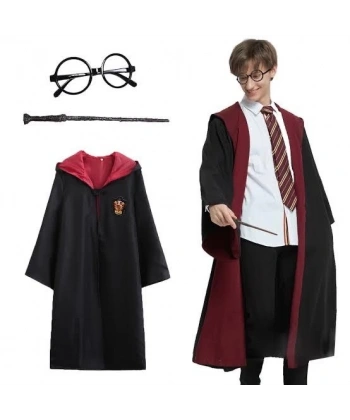 Harry Potter Gryffindor Kapişonlu Çocuk Kostüm + Asa + Gözlük Seti 11-12 Yaş