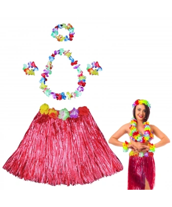 Hawaii Dans Kostümü – Kırmızı Hula Etek  Çiçek Kolye Seti