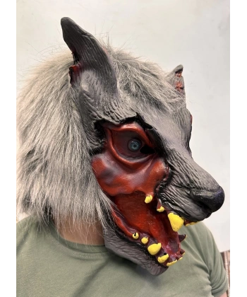 Kafaya Tam Geçmeli Lateks Dişli Ağzı Açık Kurt Maskesi