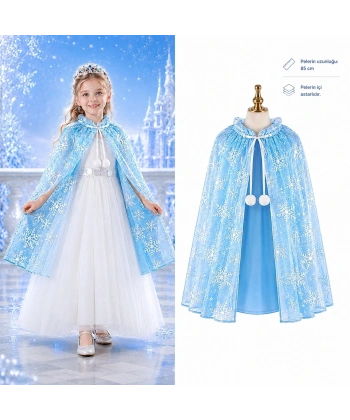 Kar Tanesi Desenli Mavi Elsa Pelerini - Astarlı Frozen Pelerini 85 Cm