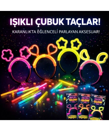 Karanlıkta Parlayan Glow Taç Seti 12 Adet – Yıldız Kalp Ay Çiçek (her Model 3 Adet)