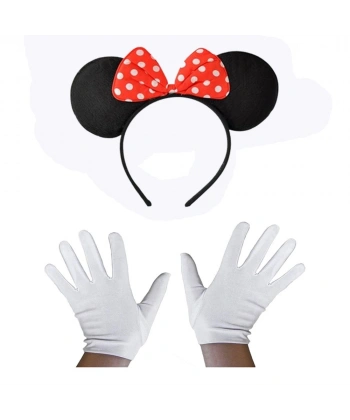 Kırmızı Fiyonklu Minnie Mouse Tacı Ve Beyaz Eldiven Seti