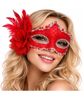 Kırmızı Tüylü Venedik Lüks Balo Maskesi