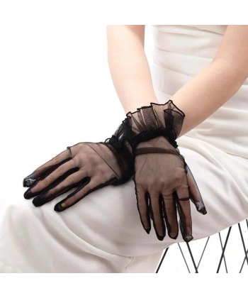 Kısa Boy Likralı Güpürlü Yetişkin Tül Eldiven Siyah Renk