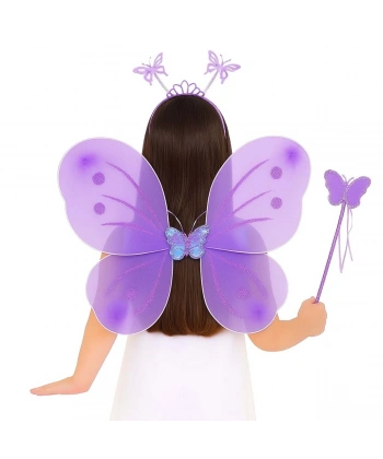 Lila Mor Kelebek Kız Seti – 50 Cm Kelebek Kanadı, Taç Ve Asa