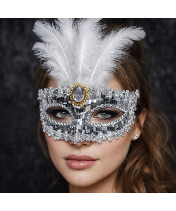 Lüks Gümüş Tüylü Taşlı Balo Maskesi