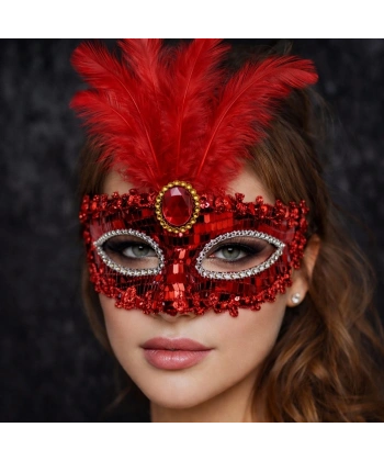 Lüks Kırmızı Tüylü Taşlı Balo Maskesi