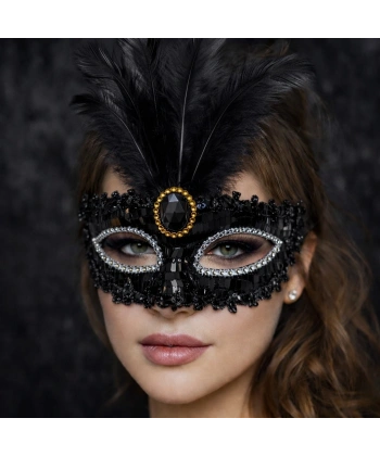 Lüks Siyah Tüylü Taşlı Balo Maskesi