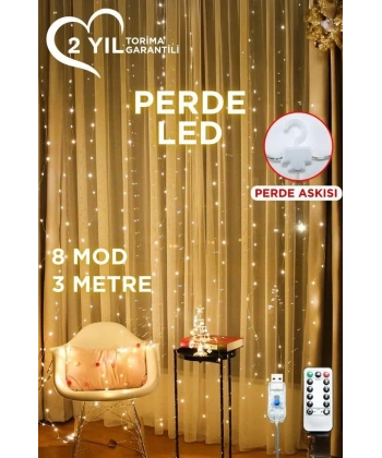 Lw-7 300 Ledli 10 Sarkıt Perde Led Işık, 8 Modlu Uzaktan Kumandalı, 3x3 Metre Peri Telli Led