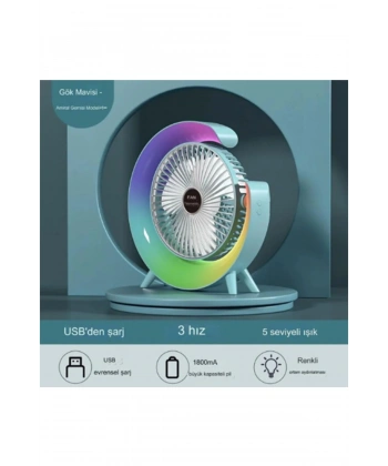 Masaüstü Vantilatör Usb Şarjlı Rgb Led Işıklı 3 Kademeli 180° Ayarlanabilir Soğutucu Fan Mavi