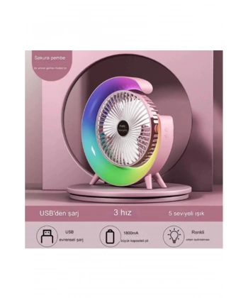 Masaüstü Vantilatör Usb Şarjlı Rgb Led Işıklı 3 Kademeli 180° Ayarlanabilir Soğutucu Fan Pembe