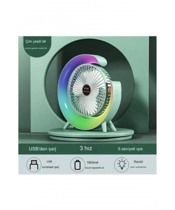 Masaüstü Vantilatör Usb Şarjlı Rgb Led Işıklı 3 Kademeli 180° Ayarlanabilir Soğutucu Fan Yeşil