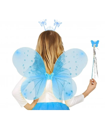 Mavi Kelebek Erkek-kız Seti – 50 Cm Kelebek Kanadı, Taç Ve Asa