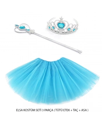 Mavi Prenses Elsa Kostüm Seti 3 Parça (tütü Etek + Taç + Asa )