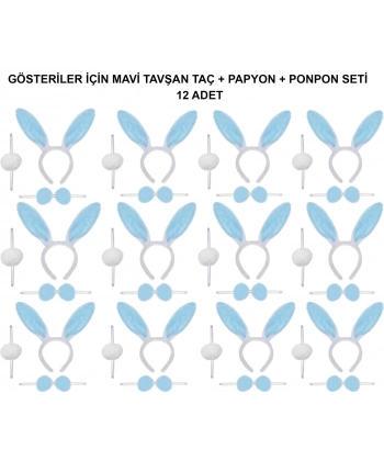 Mavi Tavşan Kostüm Seti – Taç, Papyon, Ponpon (12’li Paket)