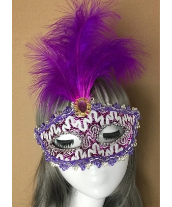 Mor Dantel İşlemeli Mor Tüylü Balo Parti Maskesi 17x20 Cm