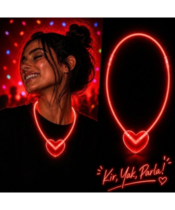 Neon Işıklı Fosforlu Kalp Parti Kolyesi Kırmızı Renk