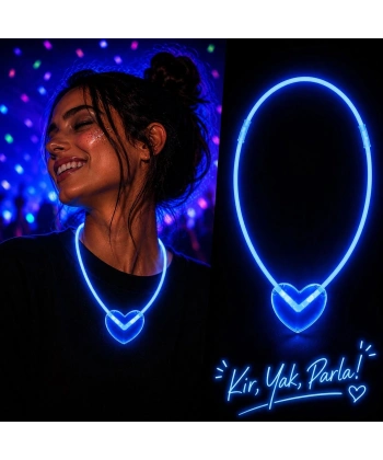 Neon Işıklı Fosforlu Kalp Parti Kolyesi Mavi Renk