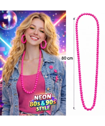 Neon Pembe Boncuk Kolye 80 Cm – Retro 80’ler 90’lar Parti Aksesuarı