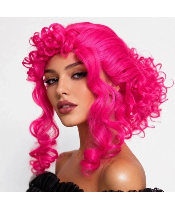 Neon Pembe Bukleli Kıvırcık Cosplay Peruğu - İçi Astarlı