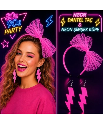 Neon Pembe Dantel Taç Ve Şimşek Küpe 8039ler 9039lar Parti Seti