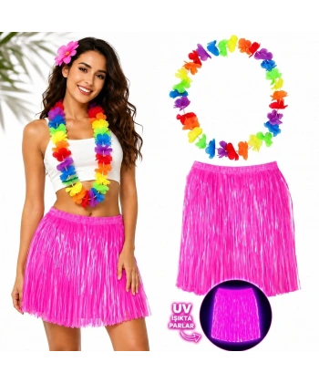 Neon Pembe Hawaii Etek 40 Cm Ve Rengarenk Hawaii Kolye