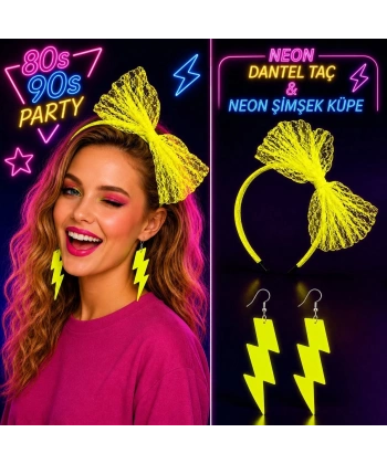 Neon Sarı Dantel Taç Ve Şimşek Küpe 8039ler 9039lar Parti Seti