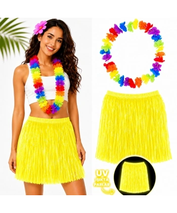 Neon Sarı Hawaii Etek 40 Cm Ve Rengarenk Hawaii Kolye