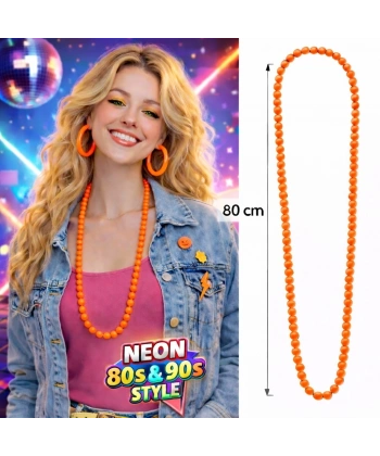 Neon Turuncu Boncuk Kolye 80 Cm – Retro 80’ler 90’lar Parti Aksesuarı