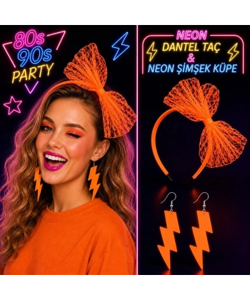 Neon Turuncu Dantel Taç Ve Şimşek Küpe 8039ler 9039lar Parti Seti