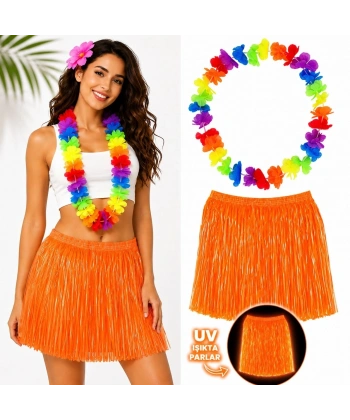 Neon Turuncu Hawaii Etek 40 Cm Ve Rengarenk Hawaii Kolye