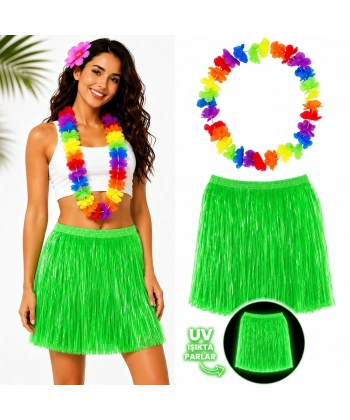 Neon Yeşil Hawaii Etek 40 Cm Ve Rengarenk Hawaii Kolye