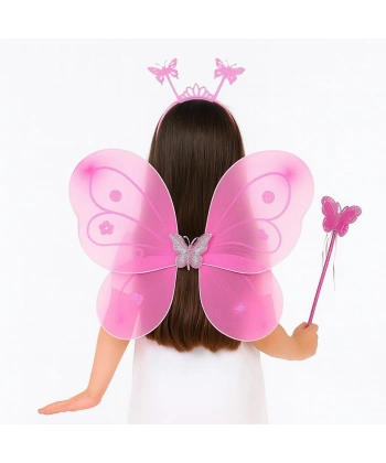 Pembe Kelebek Kız Seti – 50 Cm Kelebek Kanadı, Taç Ve Asa