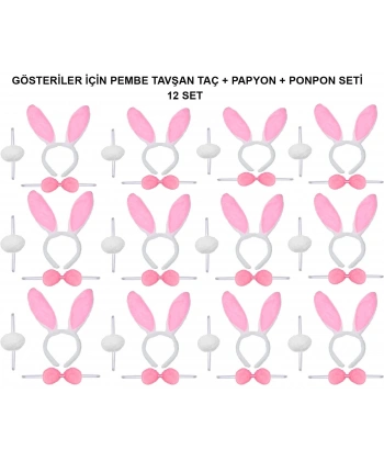 Pembe Tavşan Kostüm Seti – Taç, Papyon, Ponpon (12’li Paket)