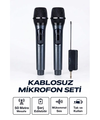 Profesyonel Çiftli Kablosuz Mikrofon Seti Karaoke Şarj Edilebilir 50 Metre