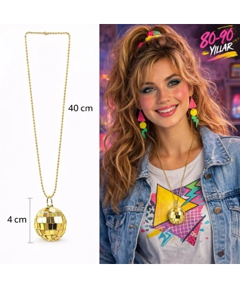 Retro Disko Topu Şekilli 8039ler 9039lar Altın Renk Plastik Kolye