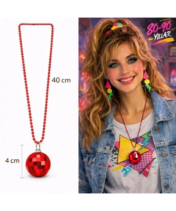 Retro Disko Topu Şekilli 8039ler 9039lar Kırmızı Renk Plastik Kolye