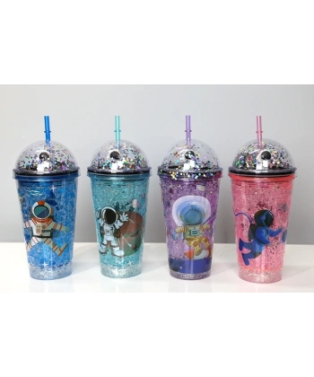 Sevimli Astronot Işıklı Pipetli Pullu Suluk & Bardak 400 Ml Alk3148