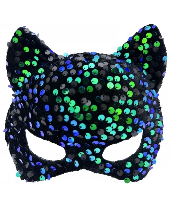 Siyah Kadife Kumaş Üzerine Mavi Yeşil Payetli Pullu Parti Maskesi 16x14 Cm
