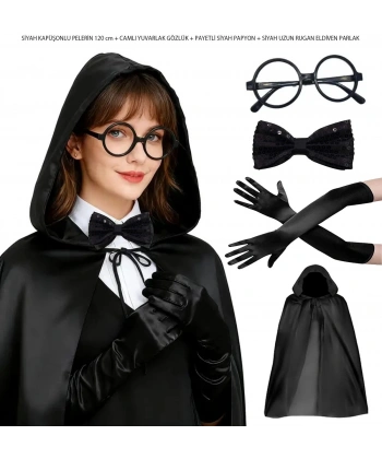 Siyah Kapüşonlu Büyücü Ve Cadı Pelerin Kostüm Seti (4 Parça)