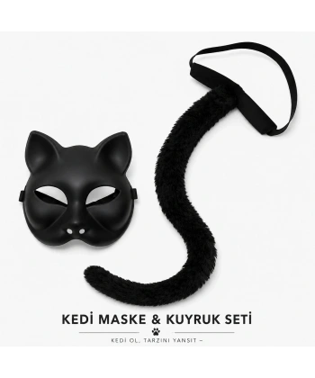 Siyah Kedi Maskesi Ve Peluş Kuyruk Kostüm Seti 70 Cm