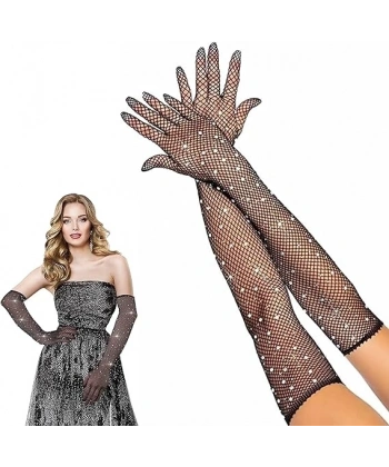 Siyah Renk İncili Elmas İşlemeli File Örgü Uzun Eldiven 45 Cm