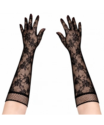 Siyah Uzun Gül Desenli Dantel Kadın Eldiveni