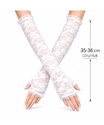 Uzun Zarif Dantel Eldiven Parmaksız Beyaz 35 Cm