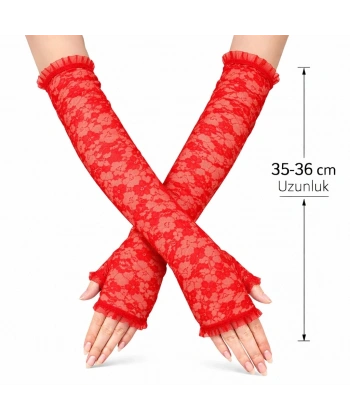 Uzun Zarif Dantel Eldiven Parmaksız Kırmızı 35 Cm
