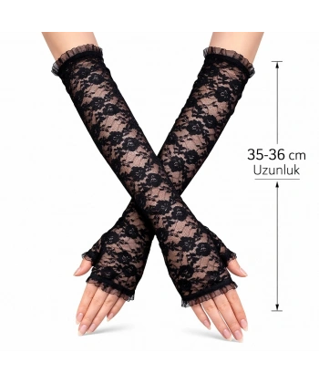 Uzun Zarif Dantel Eldiven Parmaksız Siyah 35 Cm