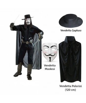 Vendetta Kostüm Seti – Şapka Maske Pelerin (120 Cm)