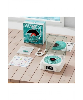 Waves Nostalji Plak Görünümlü Bluetooth Hoparlör 3d Ses Dalgası Retro Müzik Plak Mavi